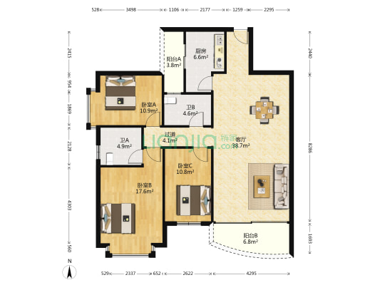 芳菲苑小区 3室1厅2卫 129平方