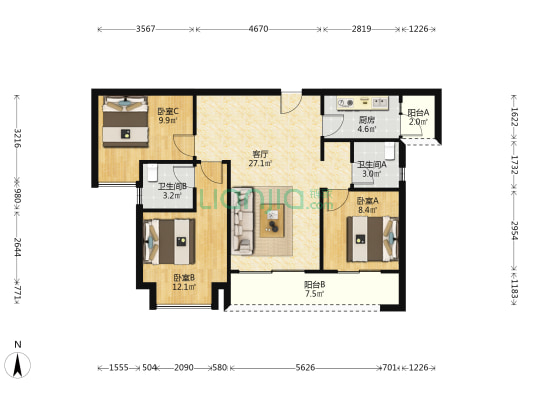 北京城建樾春府 3室1厅2卫 96平方