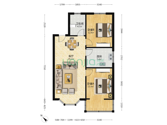 宏通苑 2室1厅1卫 85平方