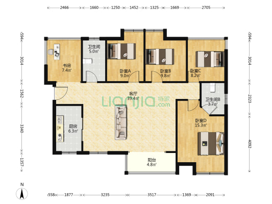 盛地东方芯府 5室1厅2卫 133平方
