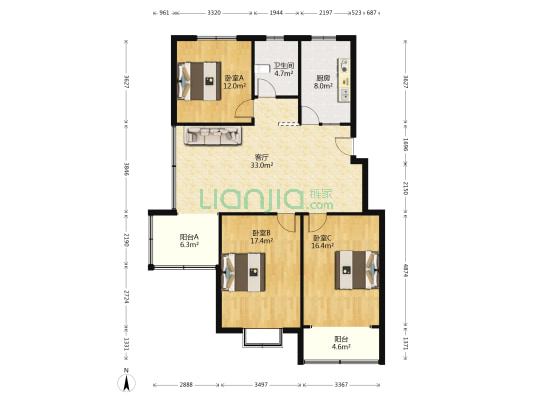 华夏星辰 3室1厅1卫 123平方
