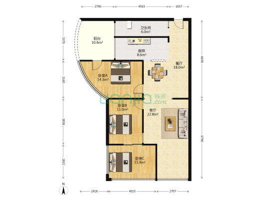 BOBO天下城 3室2厅1卫 115平方