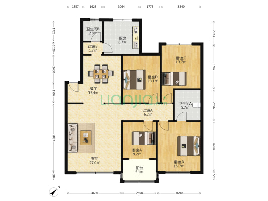 合作安置小区 4室2厅2卫 144平方