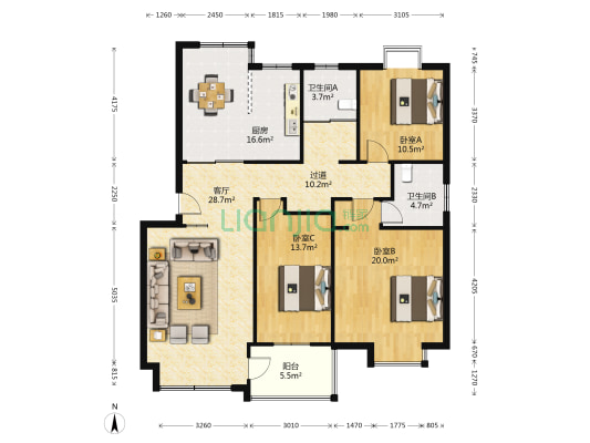 联欣花苑 3室1厅2卫 135平方