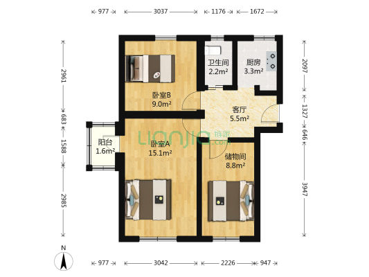 东棉花胡同2号院 2室1厅1卫 61平方