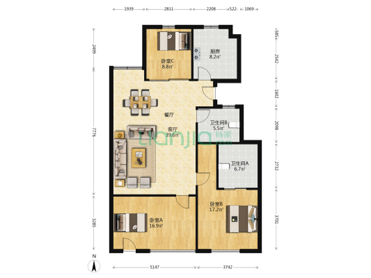 富达广场A区 3室1厅2卫 139平方