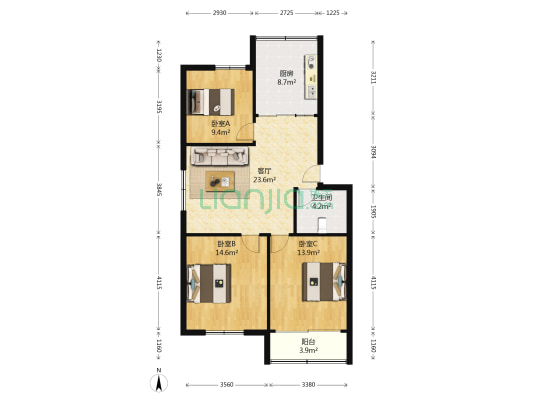 云龙花园 3室1厅1卫 96平方