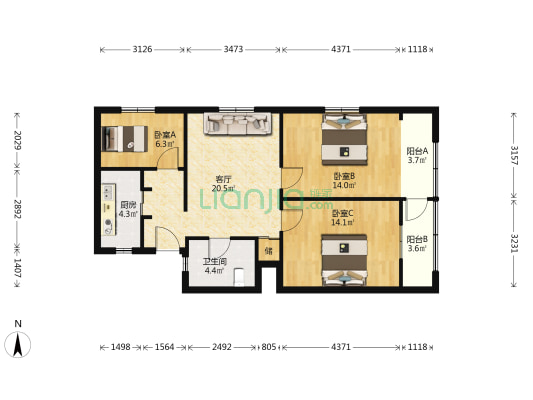 中山大楼(长宁) 3室1厅1卫 107平方