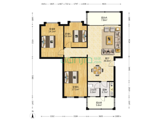 湖景居 3室1厅1卫 108平方