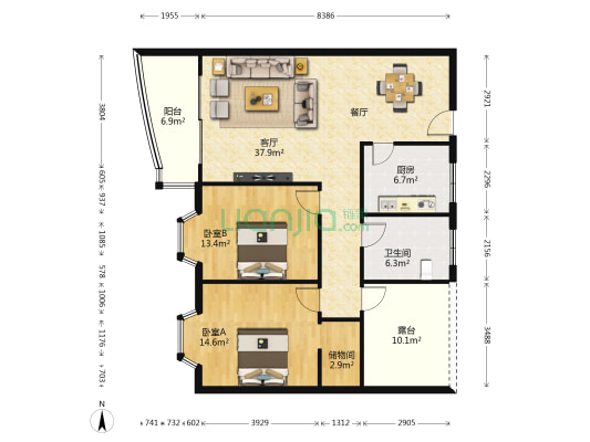 人民广场 2室1厅1卫 103平方