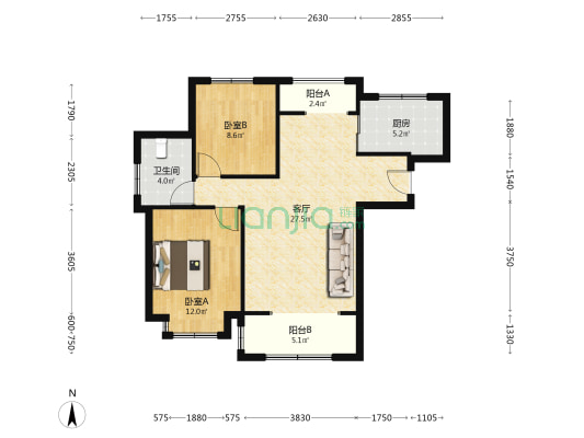 出售 香邑溪谷一期南北通透两居  精装修 满二-户型图