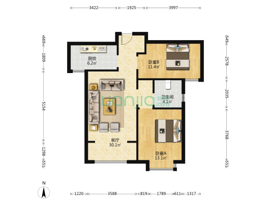 蝶恋家园 2室1厅1卫 90平方