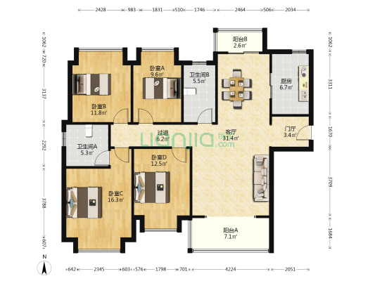 运达锦绣广场 4室1厅2卫 154平方