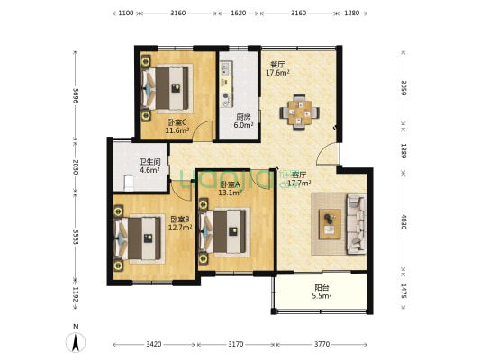 施湾家园 3室2厅1卫 105平方