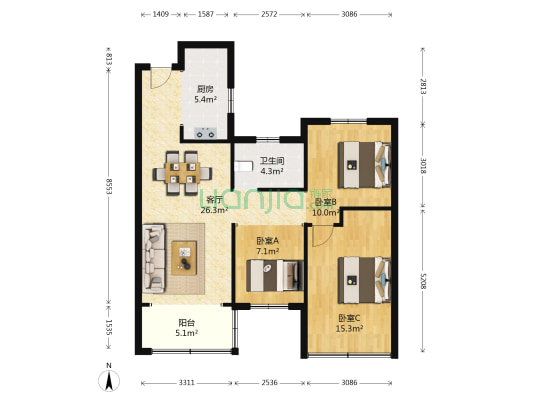 京师学院山 3室1厅1卫 107平方