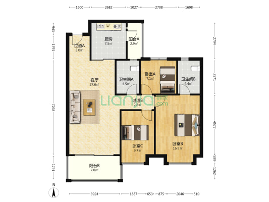 恒大文化旅游城 3室1厅2卫 129平方