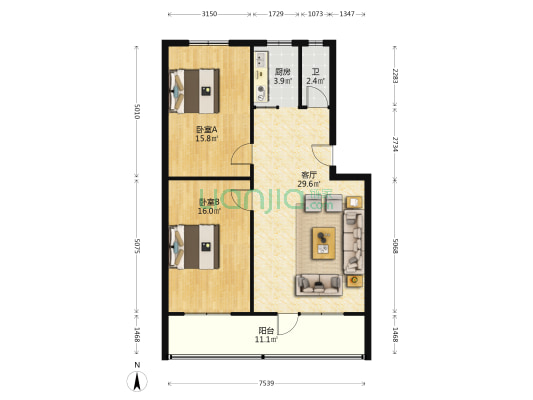 育才街194号院 2室1厅1卫 95平方