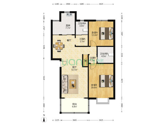 紫竹轩 2室1厅2卫 108平方
