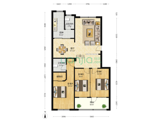 卫计委宿舍 3室1厅2卫 126平方