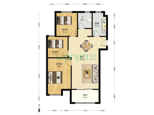 美丽馆驿 3室1厅1卫 105平方