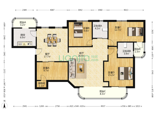 珠江玫瑰花园(公寓) 4室2厅2卫 168平方