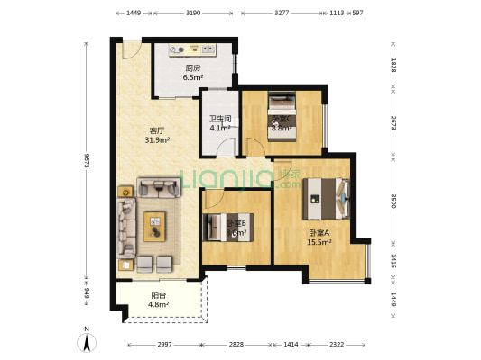 鼎峰尚境北园 3室1厅1卫 94平方