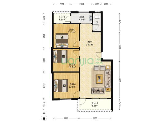 新达街14号 3室1厅1卫 90平方