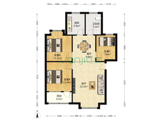 新园小区 3室2厅1卫 92平方