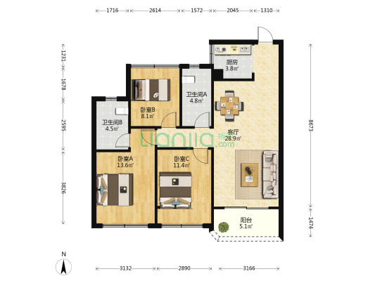 茂业新城 3室1厅2卫 91平方