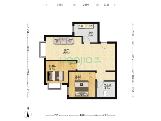 理想城 精装西南两居 高楼层采光好 拎包住-户型图