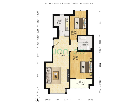 北京城建琨廷南区 2室1厅1卫 85平方