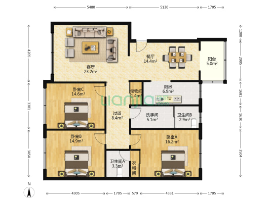 上饶市地质队 3室2厅3卫 135平方