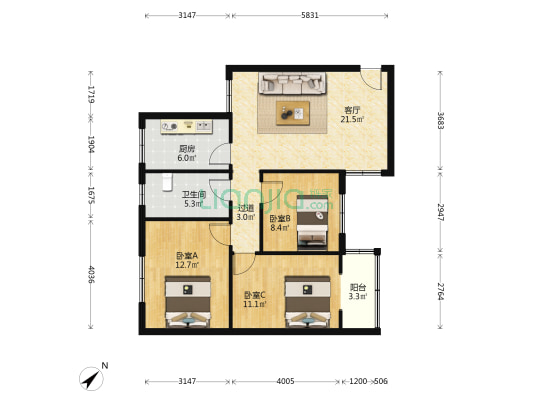 茶树街10号院 3室1厅1卫 86平方