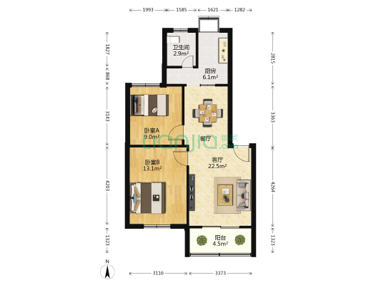 新大地花园 2室1厅1卫 78平方