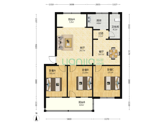 粮库宿舍 3室2厅1卫 109平方