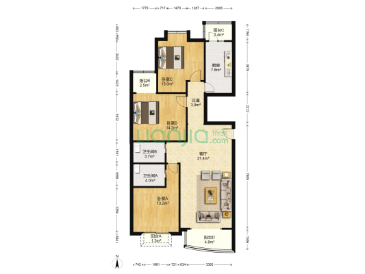 福成公寓B 3室1厅2卫 126平方
