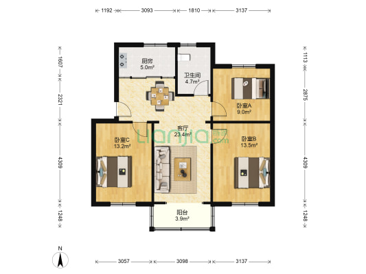 惠丰花园 3室1厅1卫 91平方