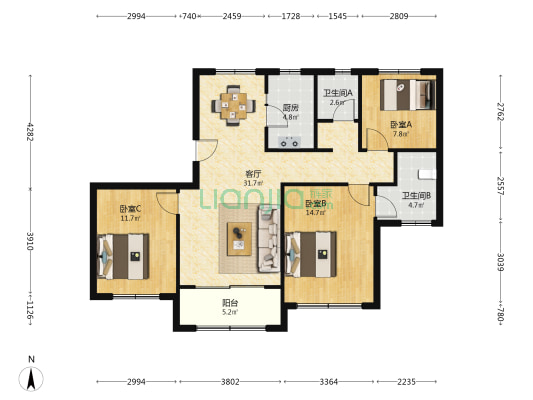 悦峰雅苑B区 3室1厅2卫 108平方