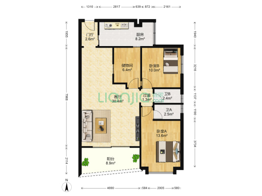 荟景豪庭 2室1厅2卫 101平方