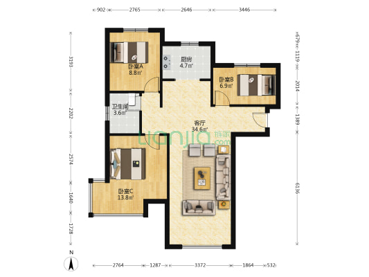 南北通透三居室，自住标准装修，视野开阔采光好-户型图