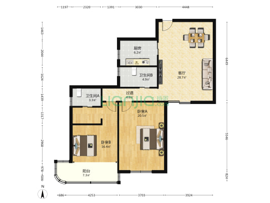 吉大公寓 2室1厅2卫 121平方