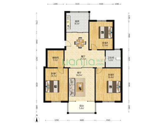 滩里村 3室2厅1卫 136平方
