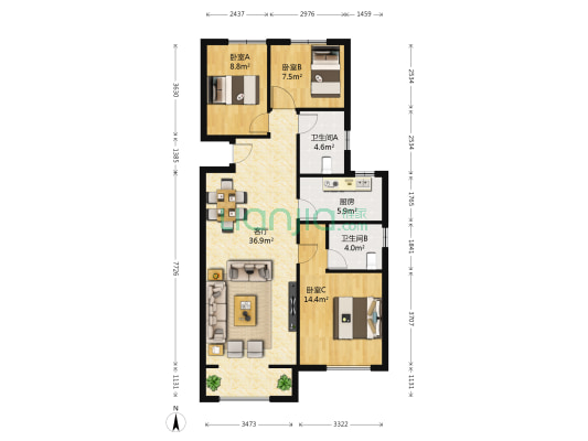 创领小区 3室1厅2卫 117平方