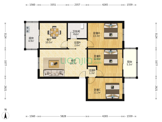 西安铁路职业技术学院南郊家属院 3室2厅1卫 101平方