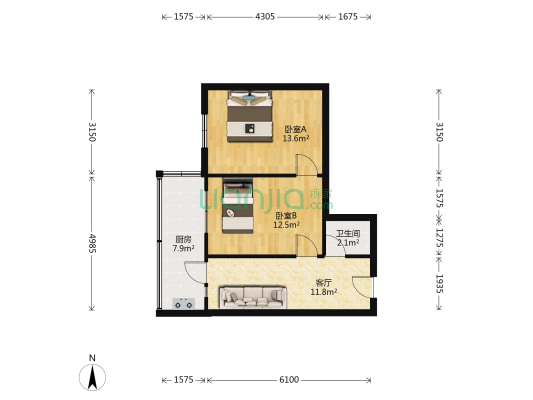 国师街28号 2室1厅1卫 54平方