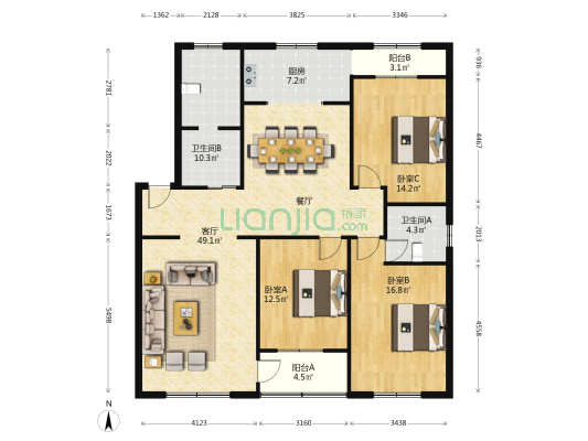福龙小区 3室1厅2卫 145平方