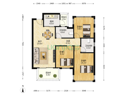 檀府印象（檀玥） 3室1厅2卫 96平方