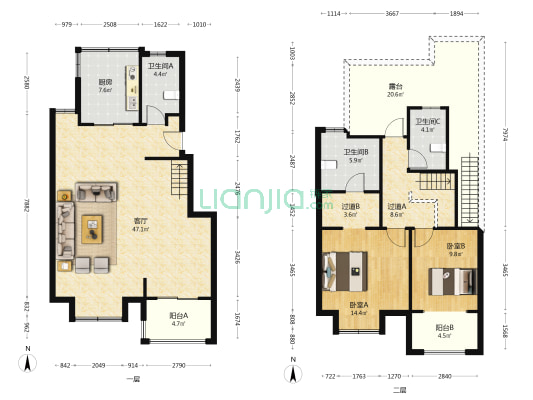 远棠花园 2室1厅3卫 131平方