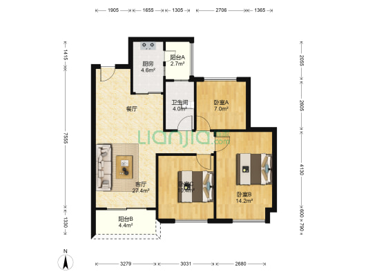 绿地滇池国际健康城蓝湾 3室1厅1卫 90平方