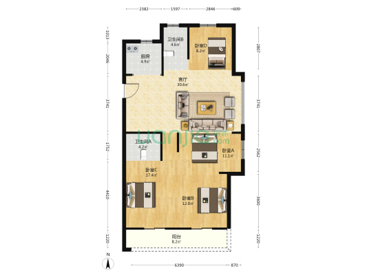 荣悦华庭 4室1厅2卫 122平方